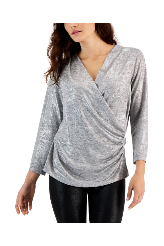 JPR Studio Womens Metallic Surplice Faux Wrap Top Silver XS