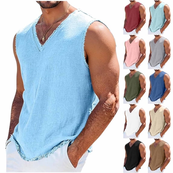 JPVDPA Men's Linen Tank Top Raw Edge Sleeveless V-Neck T-Shirt Summe Beach Vacation Tops Brown XL