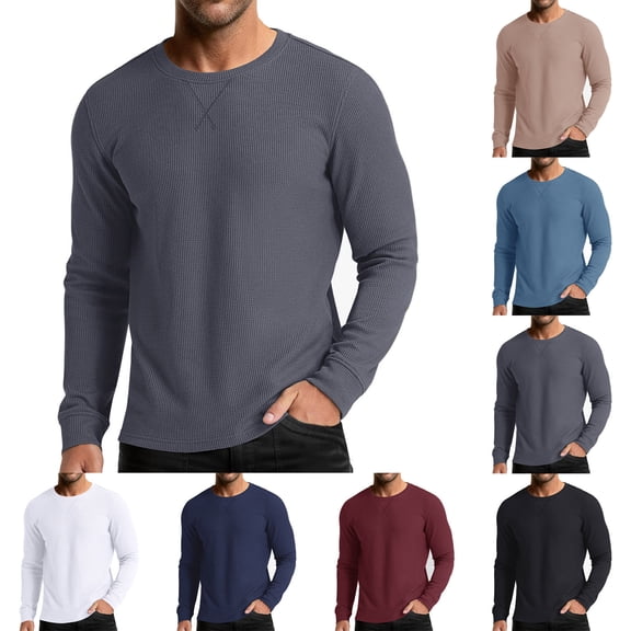 JPVDPA Men's Waffle Long Sleeve Shirts, Crew Neck Thermal Underwear Tops Casual Pullover Sweaters Knit Undershirts Dark Gray S