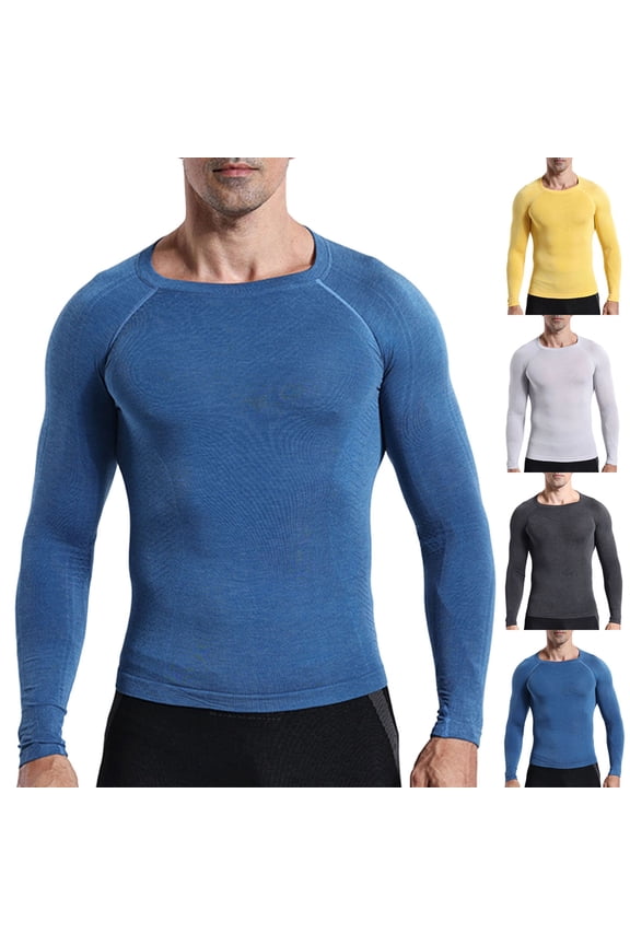 Mens Compression Shirt Long Sleeve, Athletic Sports Base Layer Tops, Cold Weather Undershirt for Running Workout Gym Yellow L