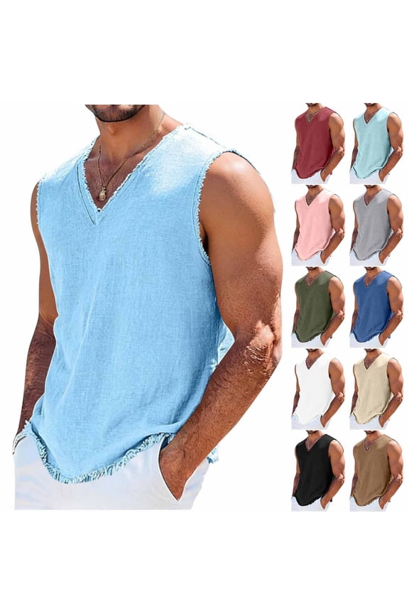 Mens V Neck Tank Top Sleeveless Linen Summer Tops Vintage Distressed Shirt with Raw Edge Casual Streetwear Tanks Black XXXXL