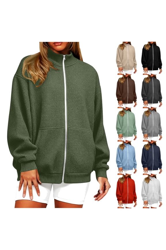 Waffle Knit Bomber Jacket Women 2025 Fall Casual Lightweight Jackets Zip Up Long Sleeve Outerwear with Pockets Beige XXXL