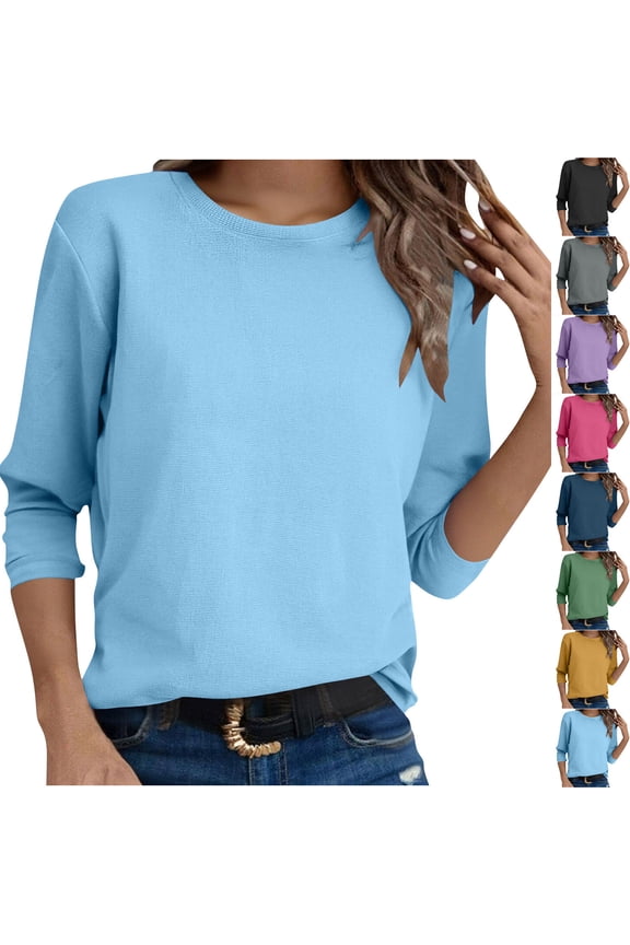 Waffle Knit Long Sleeve Shirts for Women Crewneck T-shirt Loose Causal Going Out Tops Fall Outfits Navy S