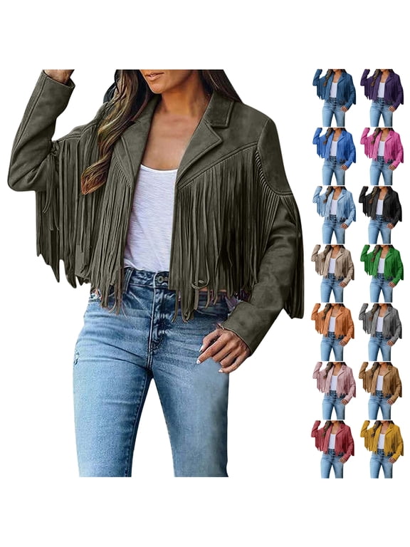 JPVDPA Women's Faux Suede Leather Tassel Jackets Cropped Fringe Coats 80s Outfit for Women Slim Fit Motocycle Biker Coat Black S