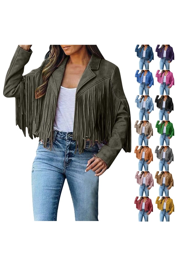 JPVDPA Women's Faux Suede Leather Tassel Jackets Cropped Fringe Coats 80s Outfit for Women Slim Fit Motocycle Biker Coat Black S