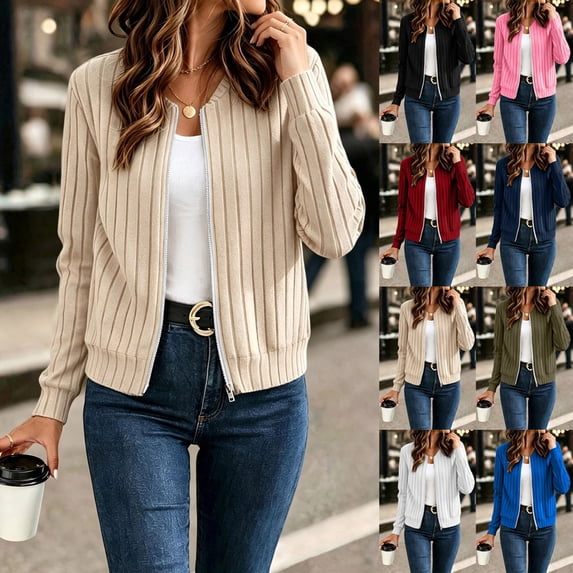 JPVDPA Women's Zip Up Bomber Jacket Ribbed Knit Long Sleeve Moto Biker Coat Business Casual Outfits Spring Fall Clothes Navy XXL