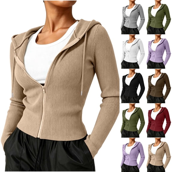 JPVDPA Womens Cropped Zip Up Hoodies Ribbed Knit Long Sleeve Casual Y2k Jacket Slim Fit Hooded Outerwear Khaki L