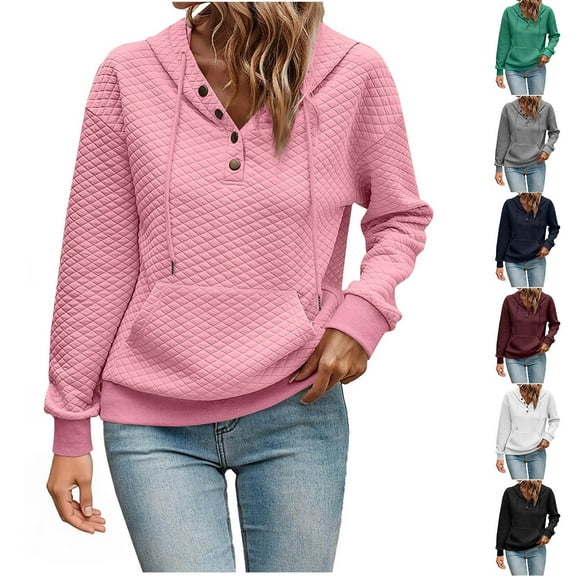 JPVDPA Womens Hoodies Button Collar Drawstring Hooded Sweatshirt Trendy Casual Long Sleeve Pullover Tops Pink M
