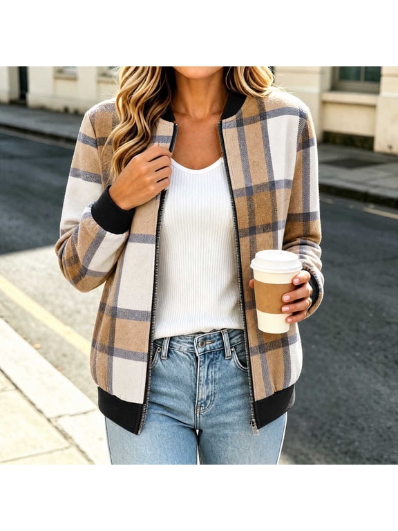 JPVDPA Womens Plaid Bomber Jacket Tweed Casual Fall Jackets Stand Collar Zip Up Coat with Pockets S - 2XL