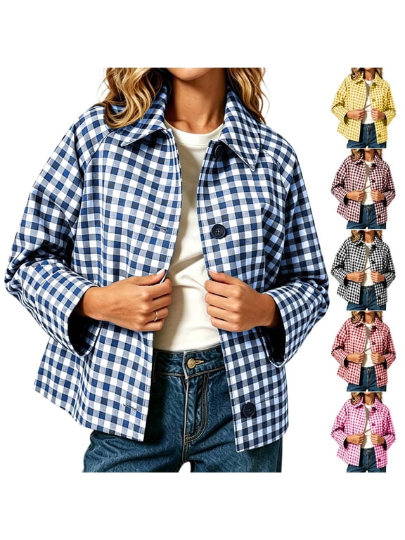 JPVDPA Womens Plaid Barn Jacket Long Sleeve Button Down Coat Lapel Collar Casual Jackets with Pockets Fashion Cropped Jacket Color Block Lightweight Jackets Fall Winter Outwear Blue S