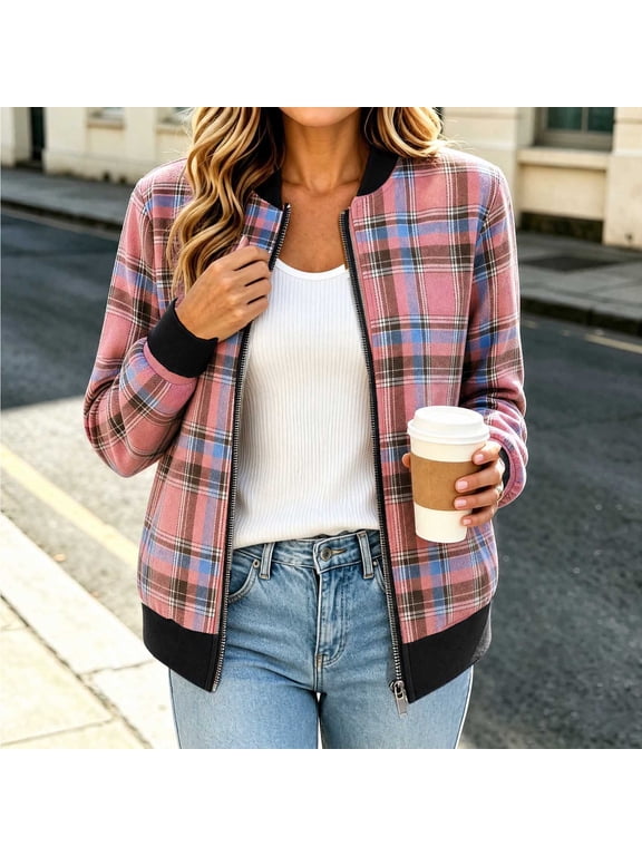 JPVDPA Womens Plaid Bomber Jacket Tweed Casual Fall Jackets Stand Collar Zip Up Coat with Pockets S - 2XL