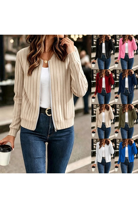 JPVDPA Womens Zip Up Cardigan Sweaters Lightweight Sweater Jacket Knitted Long Sleeve Cropped Bomber Jackets White L