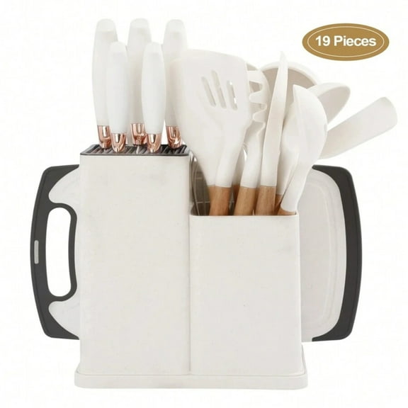 JQDWMDLX 19 Pcs Beige Knife Sets,Chef Knife for Kitchen with Block 9 Piece Silicone Cooking Utensils Set 5 Piece Sharp Stainless Steel Chef Knives Scissors Whisk Tongs and Cutting Board