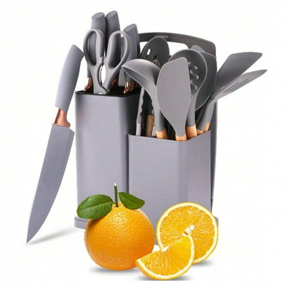 JQDWMDLX 19 Piece High Quality Silicone Kitchenware Set with Wooden Handle & Knife - Non-Stick Cooking Tools & Bamboo Storage Container,Dark Grey