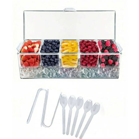 JQDWMDLX 1pc Bar Serving Tray On Ice with 5 Compartments Container, Fruit Trays for Serving, Garnish Platters with Lid, Clear