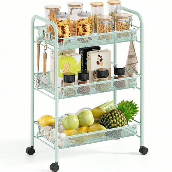 JQDWMDLX 3-Tier Green Metal Rolling Cart,Storage Trolley On Wheels with 3 Hooks, MetalStorage Shelving Units for Kitchen Bathroom Laundry Room Outdoor Decor