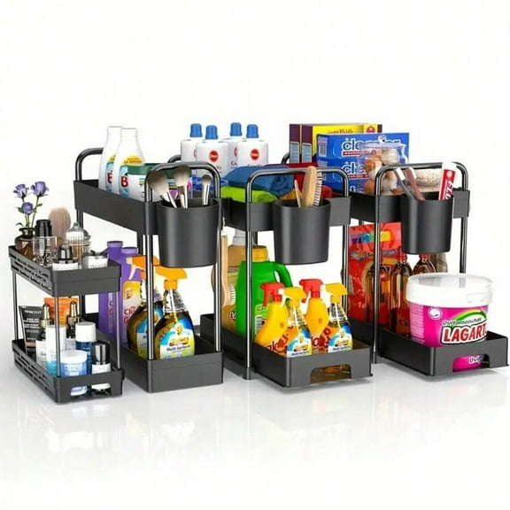 JQDWMDLX 4 Pack Under Sink Organizer and Storage - Stackable 3 Size 2 Tier Bathroom Under The Sink Organizers Multi-Usage Kitchen Cabinet Organizers and Storage Sink Bath Shelf Baskets