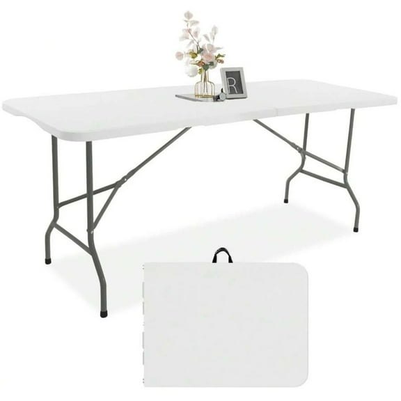 JQDWMDLX 6FT White Foldable Table,Fold-In-Half with Carrying Handle Portable Plastic Rectangular Table for Party,Dining,Wedding,Indoor Outdoor Events