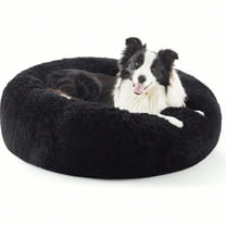 JQDWMDLX Dog Bed, Cat Calming Bed, Faux Fur Pillow Pet Donut Cuddler Round Plush Bed for Large Dogs and Cats,Black-L