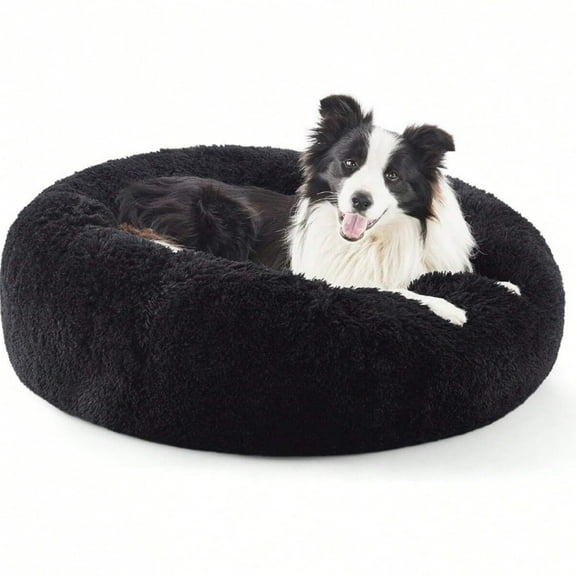 JQDWMDLX Dog Bed, Cat Calming Bed, Faux Fur Pillow Pet Donut Cuddler Round Plush Bed for Large Dogs and Cats,Black-L
