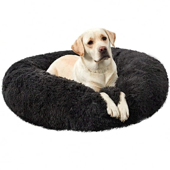 JQDWMDLX Dog Bed, Cat Calming Bed, Faux Fur Pillow Pet Donut Cuddler Round Plush Bed for Large Dogs and Cats,Black-XXL