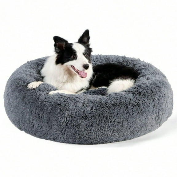 JQDWMDLX Dog Bed, Cat Calming Bed, Faux Fur Pillow Pet Donut Cuddler Round Plush Bed for Large Dogs and Cats,Dark Grey-XL