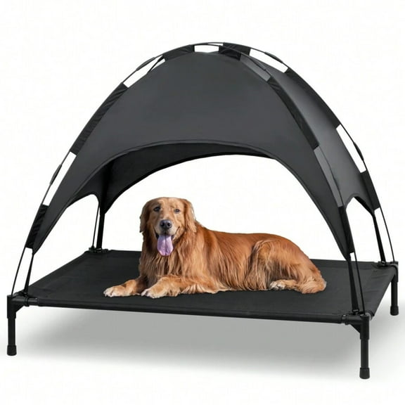 JQDWMDLX Elevated Dog Bed with Canopy, Outdoor Dog Cot with Removable Canopy Shade Tent, Portable Raised Pet Cot Cooling Bed for Dogs,Black