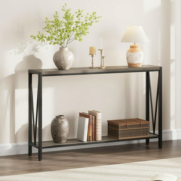 JQDWMDLX Grey Entryway Table, Rustic Wood Sofa Console Table with Storage, Modern Hallway Table for Living Room