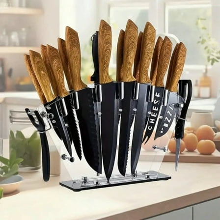 JQDWMDLX Kitchen Knife Set with Block, 19 PCS High Carbon Stainless Steel Sharp includes Serrated Steak Knives Set, Chef Knives, Bread Knife, Scissor, Sharpener, all in one,Brown