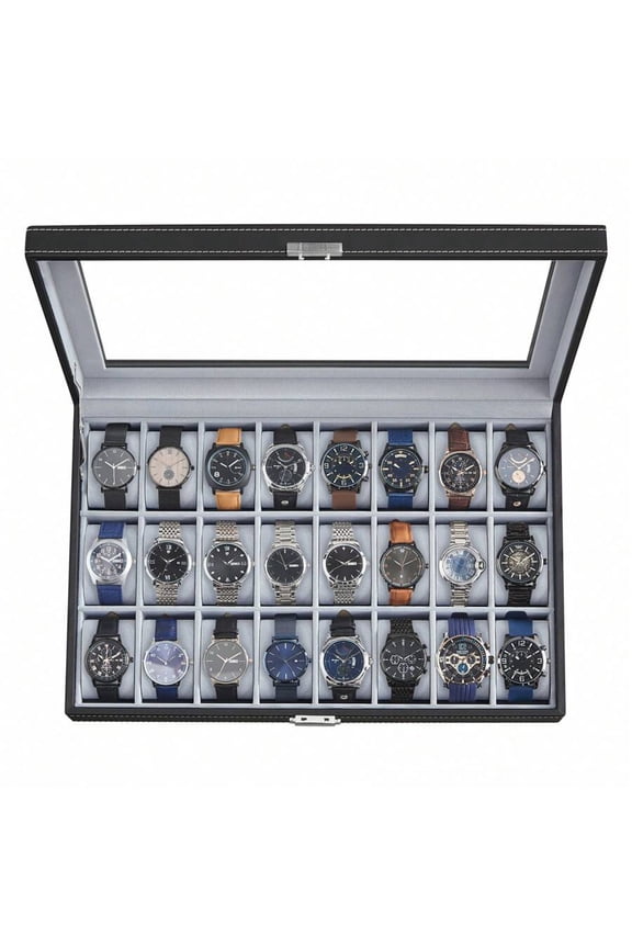 Watch Box, 24-Slot Watch Case, Lockable Watch Storage Box with Glass Lid, Gift Idea, Synthetic Leather Back To School Dormitory Storage,Grey