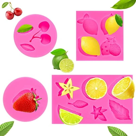JQSTY 4-Pack 3D Fruit Silicone Molds - Food-Grade, Flexible, Non-Stick, Dishwasher Safe, Reusable, Cherry, Strawberry, Lemon, Star Leaf Designs, Includes Free Recipe E-Book