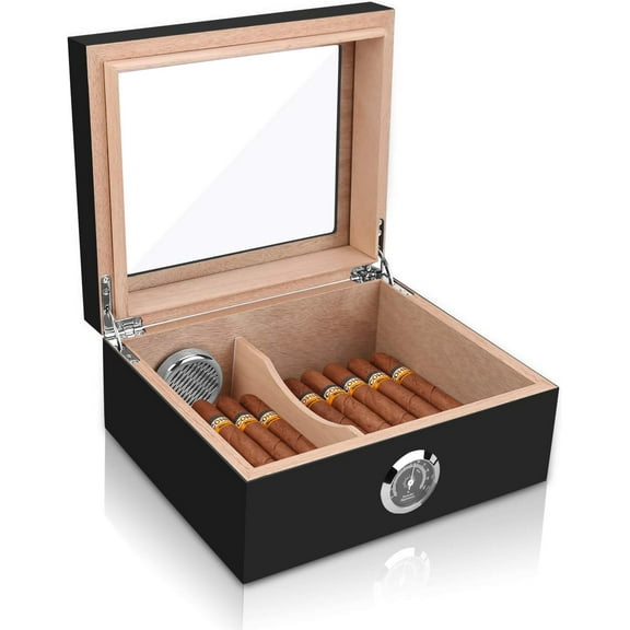 JQSTY Handmade Cigar Humidor, Cedar Cigar Desktop Box with Humidifier and Hygrometer, Glass Top for 25 Cigars (20-25 Cigars)