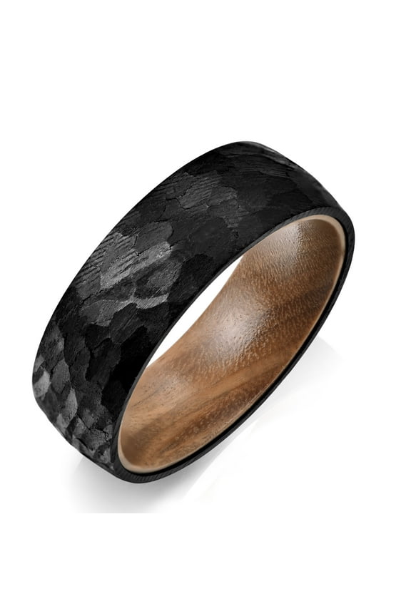 8mm Damascus Steel Ring for Men Black Hammered Wedding Ring Wood Sleeve Comfort Fit