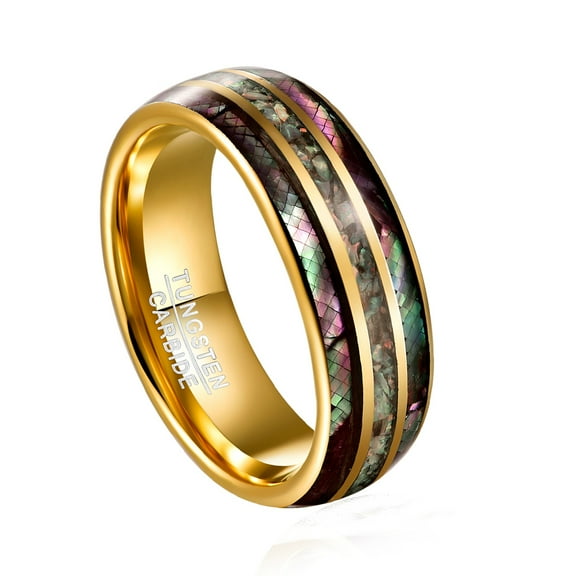 JQUEEN 8mm Gold Tungsten Ring Men's Wedding Rings Purple Shell Paper + Broken Opal Size 7-12