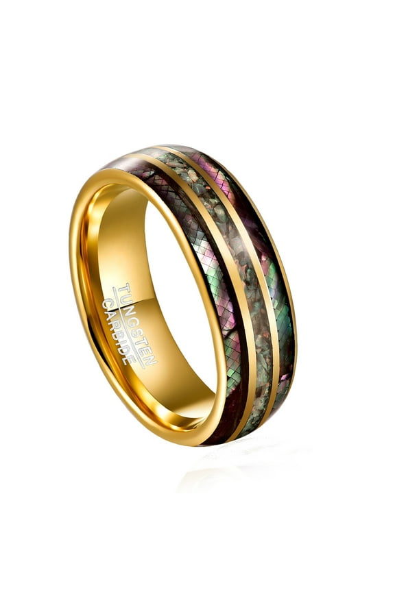 8mm Gold Tungsten Ring Men's Wedding Rings Purple Shell Paper + Broken Opal Size 7-12