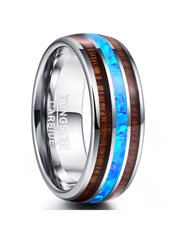 8mm Hawaiian Koa Wood Tungsten Rings for Unisex Blue Created-Opal Wedding Band Size 6-14