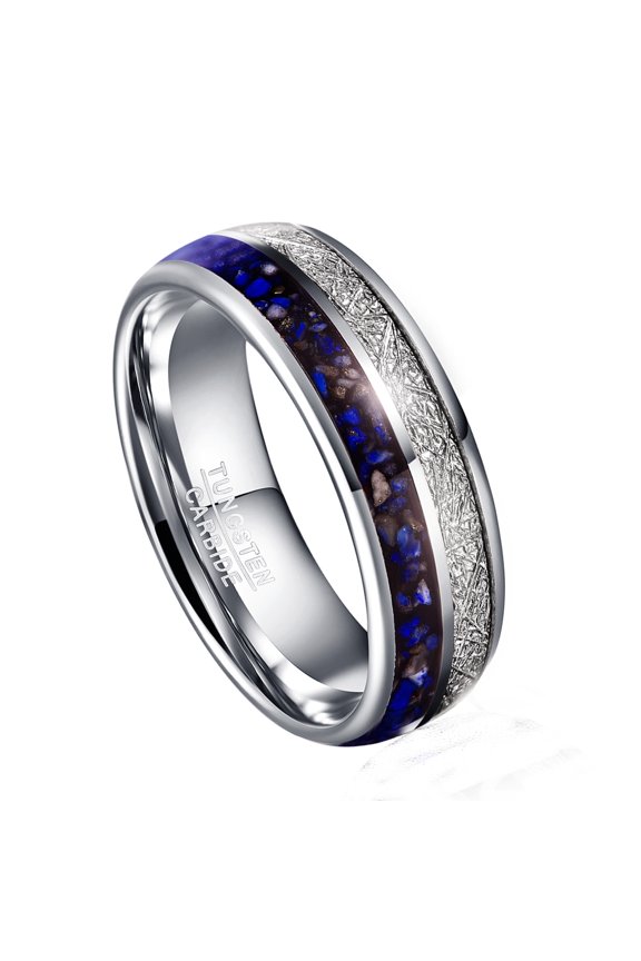8mm Silver Tungsten Wedding Rings Lapis Lazuli Grains + Imitation Meteorite Silver