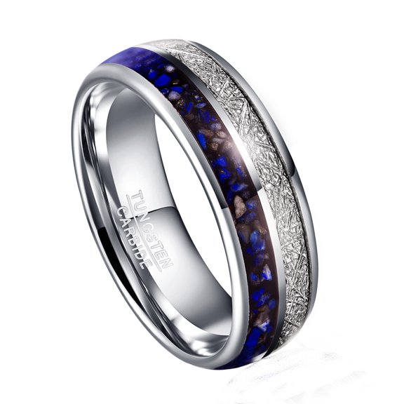 JQUEEN 8mm Silver Tungsten Wedding Rings Lapis Lazuli Grains + Imitation Meteorite Silver