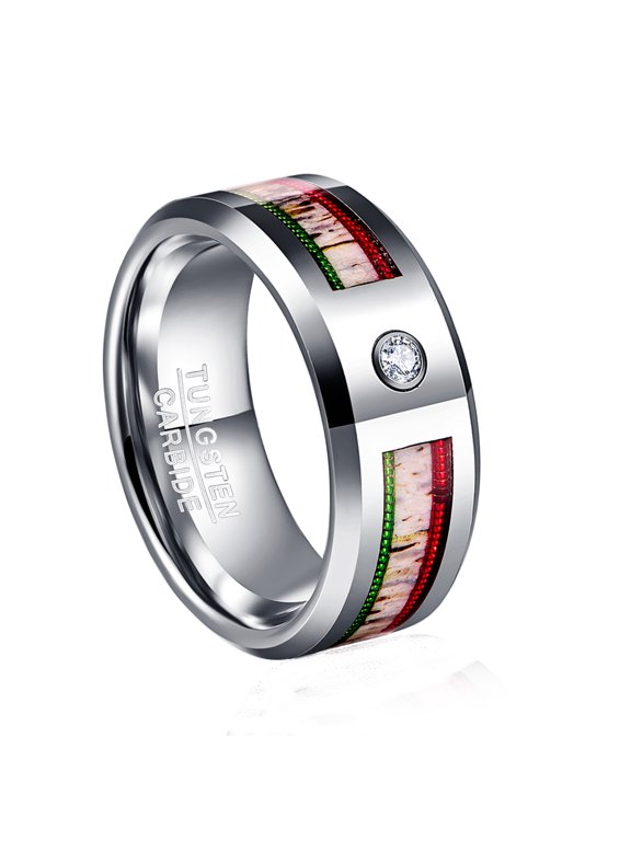 8mm Silver Tungsten Wedding Rings Red + Green Guitar Strings with Cubic Zirconia