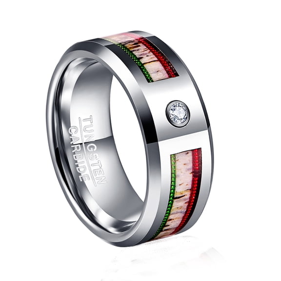 JQUEEN 8mm Silver Tungsten Wedding Rings Red + Green Guitar Strings with Cubic Zirconia