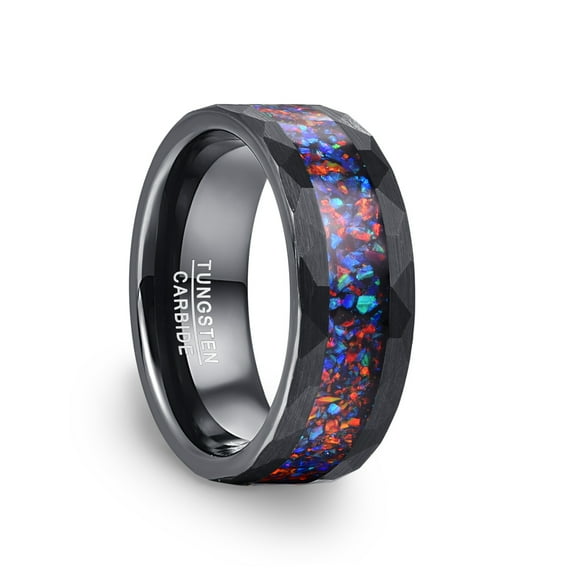 JQUEEN 8mm Tungsten Ring for Men Wedding Band Galaxy Opal Ring Black Promise Ring Hammered Edge