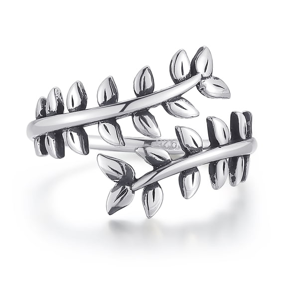JQUEEN 925 Sterling Silver Olive branch Band Ring, Vintage Open Ring for Women