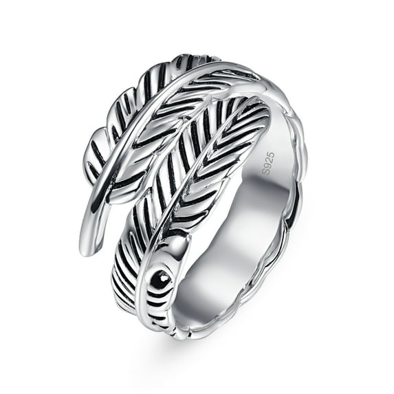 JQUEEN 925 Sterling Silver Ring Feather Ring Adjustable Feather Ring Stacking Ring Vintage Statement Ring for Women & Men