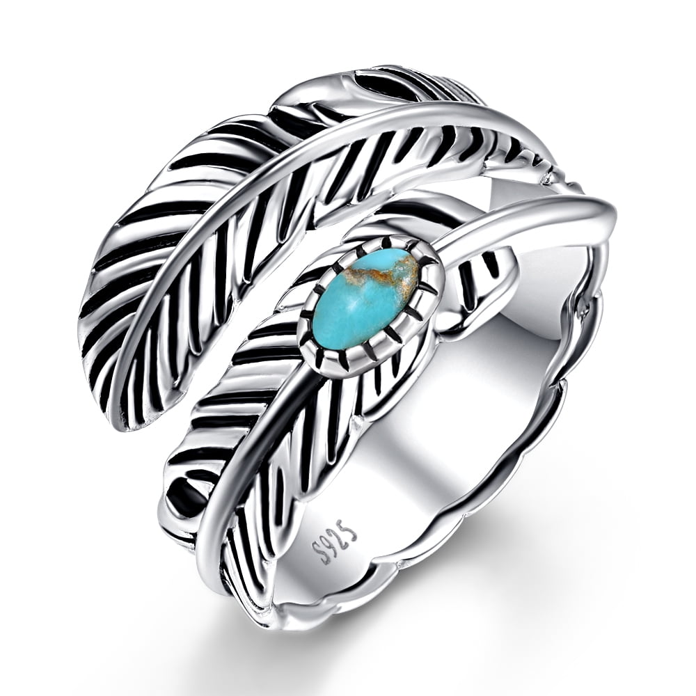JQUEEN 925 Sterling Silver Ring Feather Turquoise Rings JQUEEN 925 Sterling Silver Ring Feather Turquoise Rings