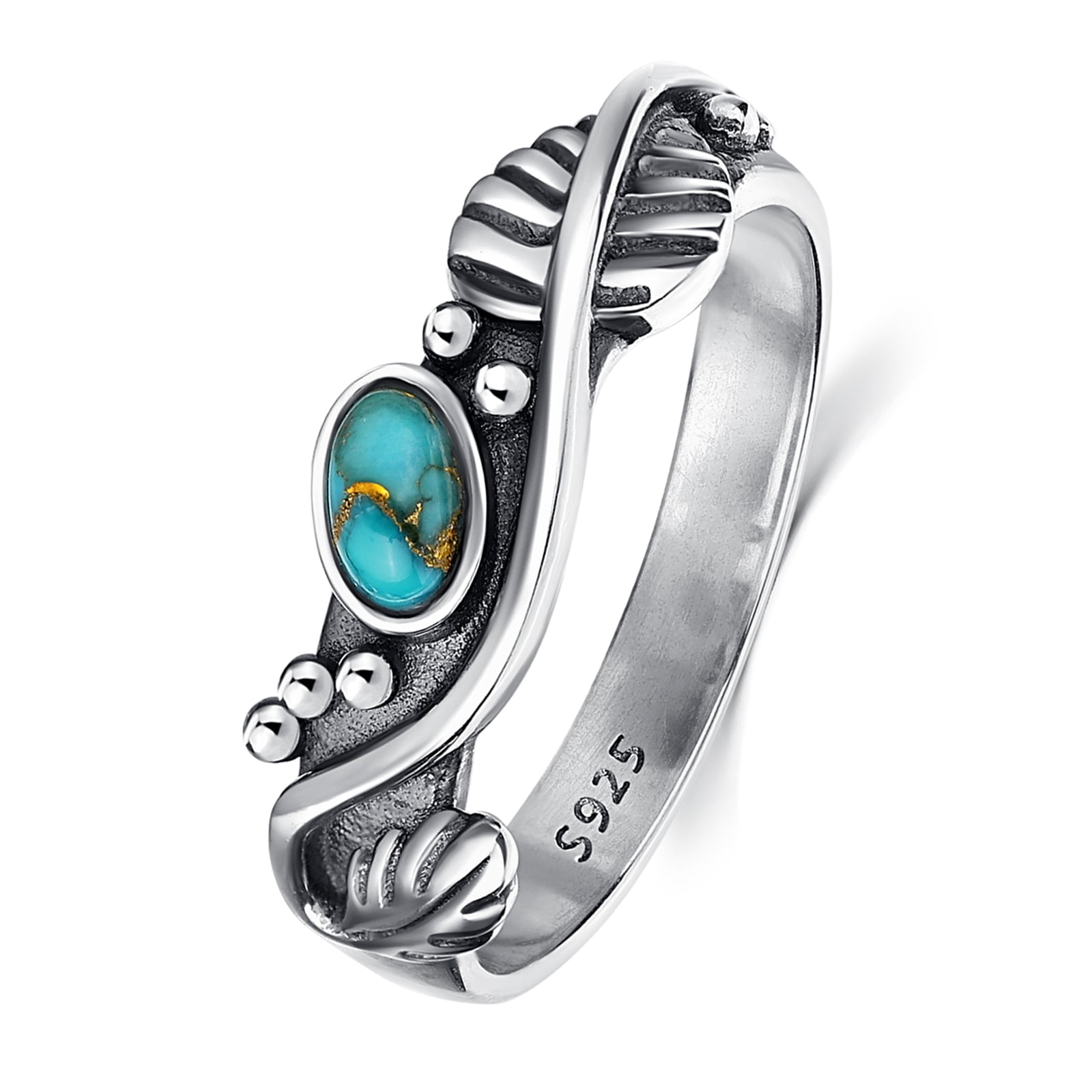JQUEEN 925 Sterling Silver Ring Womens Leaves Turquoise Rings 