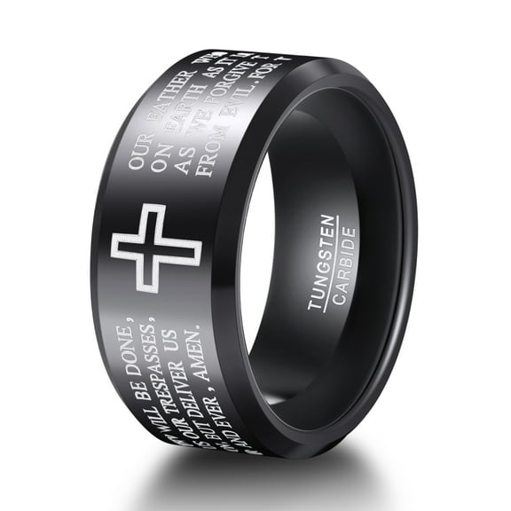 JQUEEN Black Cross Rings for Men 10mm Tungsten Wedding Bands Christian Rings Beveled Edges Comfort Fit