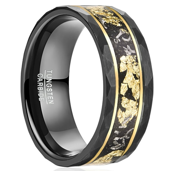 JQUEEN Black Tungsten Ring for Men Gold Leaf and Meteorite Inlay Hammered Edge Wedding Band Comfort Fit Size 7-12