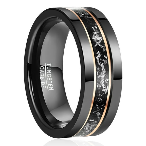 JQUEEN Black Tungsten Ring for Men Rose Gold Strips and Meteorite Inlay Polished Wedding Band Comfort Fit Size 7-12