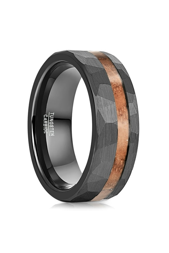 Black Tungsten Rings for Men Whiskey Barrel Wood Inlay 8mm Wedding Bands Brushed Finish Comfort Fit Size 7-12