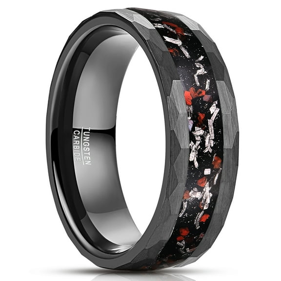 JQUEEN Black Tungsten Wedding Ring for Men Dinosaur Bone and Meteorite Inlay 8mm Black Engagement Ring Hammered Edge Comfort Fit Size 7-12